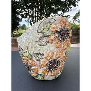 70s MOD Painted‎ Pottery Stoneware Vase Angled Top Yellow Interior Floral 7"